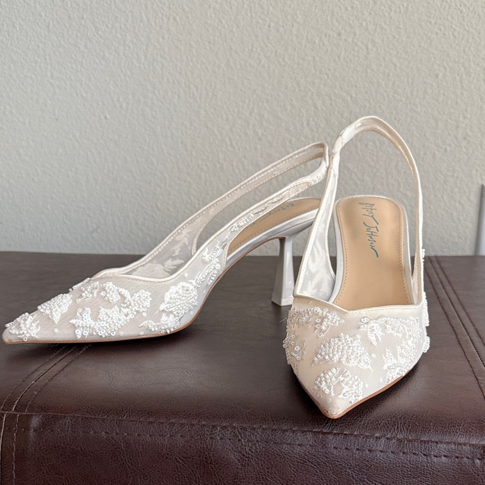 Betsey Johnson Cream Beaded Slingback Heels